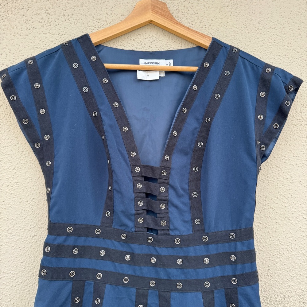 Zac Posen SNAP ribbon DRESS 20th Anniversary collection V-Neck Dark Blue black 4 - Picture 5 of 10